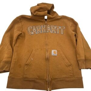 Kids Vtg Carhartt Brown Spellout Logo Full Zip Up Hoodie Sweatshirt Boys 7 *READ